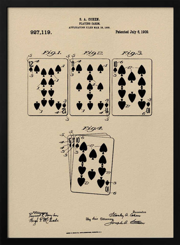 A framed vintage patent print for S. A. Cohen's playing cards, dated July 6, 1909. The print is on beige paper with black ink, showing diagrams of the 12, 11, and 10 of spades, along with technical text and signatures. Wall Art
