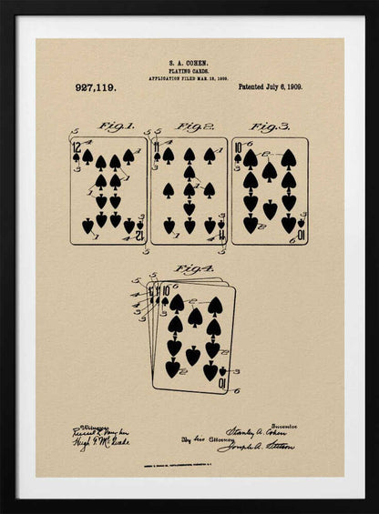 A framed vintage patent print for S. A. Cohen's playing cards, dated July 6, 1909. The print is on beige paper with black ink, showing diagrams of the 12, 11, and 10 of spades, along with technical text and signatures. Wall Art