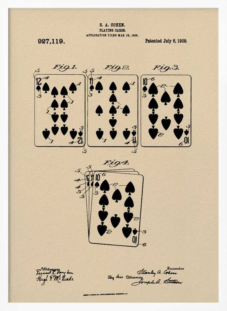 A framed vintage patent print for S. A. Cohen's playing cards, dated July 6, 1909. The print is on beige paper with black ink, showing diagrams of the 12, 11, and 10 of spades, along with technical text and signatures. Wall Art