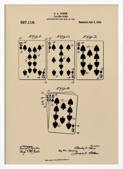 A framed vintage patent print for S. A. Cohen's playing cards, dated July 6, 1909. The print is on beige paper with black ink, showing diagrams of the 12, 11, and 10 of spades, along with technical text and signatures. Wall Art