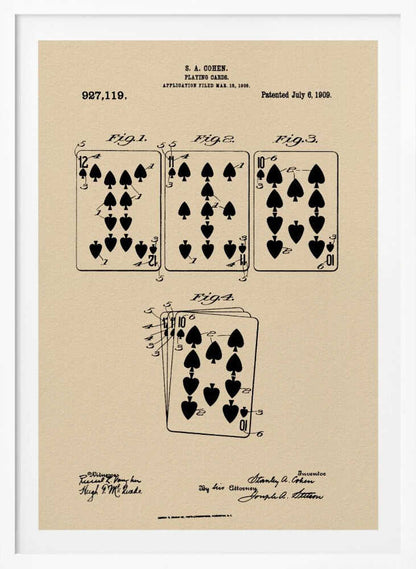 A framed vintage patent print for S. A. Cohen's playing cards, dated July 6, 1909. The print is on beige paper with black ink, showing diagrams of the 12, 11, and 10 of spades, along with technical text and signatures. Wall Art