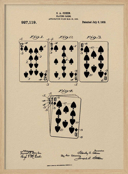 A framed vintage patent print for S. A. Cohen's playing cards, dated July 6, 1909. The print is on beige paper with black ink, showing diagrams of the 12, 11, and 10 of spades, along with technical text and signatures. Wall Art