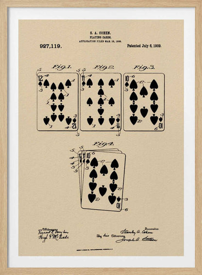A framed vintage patent print for S. A. Cohen's playing cards, dated July 6, 1909. The print is on beige paper with black ink, showing diagrams of the 12, 11, and 10 of spades, along with technical text and signatures. Wall Art