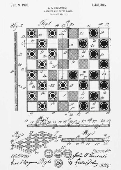 A framed black and white patent illustration for a Checker and Chess Board, dated January 9, 1923. The drawing by inventor J. F. Truskoski shows detailed diagrams of the game board and pieces, complete with reference numbers, figures, and signatures. Print