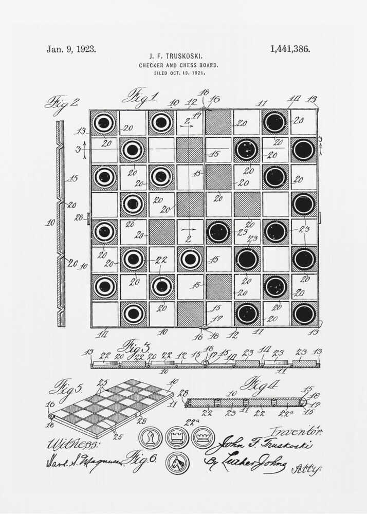 A framed black and white patent illustration for a Checker and Chess Board, dated January 9, 1923. The drawing by inventor J. F. Truskoski shows detailed diagrams of the game board and pieces, complete with reference numbers, figures, and signatures. Print