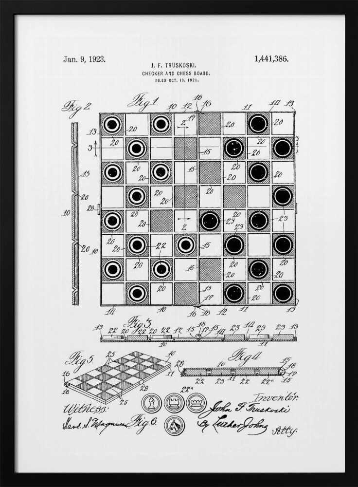 A framed black and white patent illustration for a Checker and Chess Board, dated January 9, 1923. The drawing by inventor J. F. Truskoski shows detailed diagrams of the game board and pieces, complete with reference numbers, figures, and signatures. Print