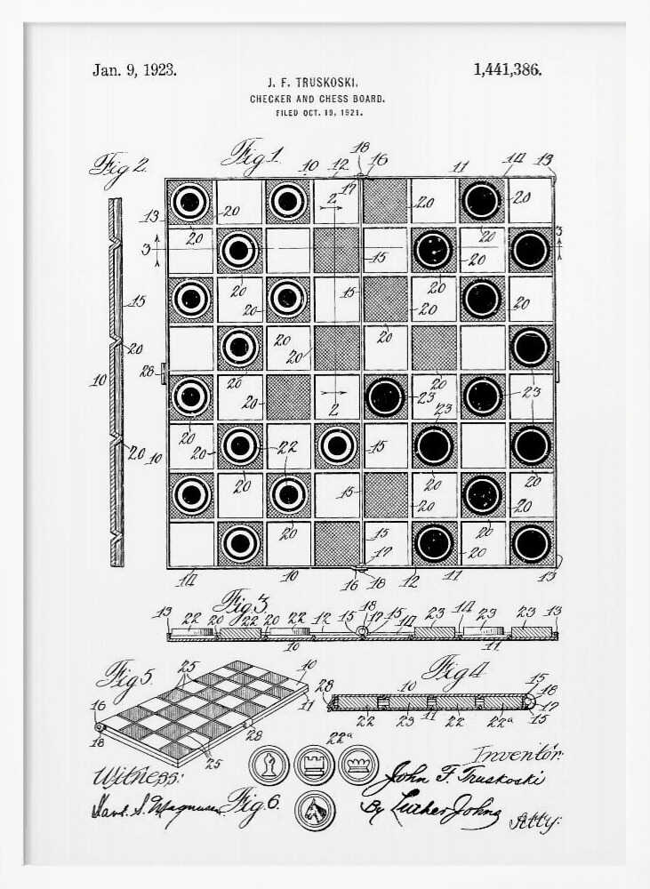 A framed black and white patent illustration for a Checker and Chess Board, dated January 9, 1923. The drawing by inventor J. F. Truskoski shows detailed diagrams of the game board and pieces, complete with reference numbers, figures, and signatures. Print