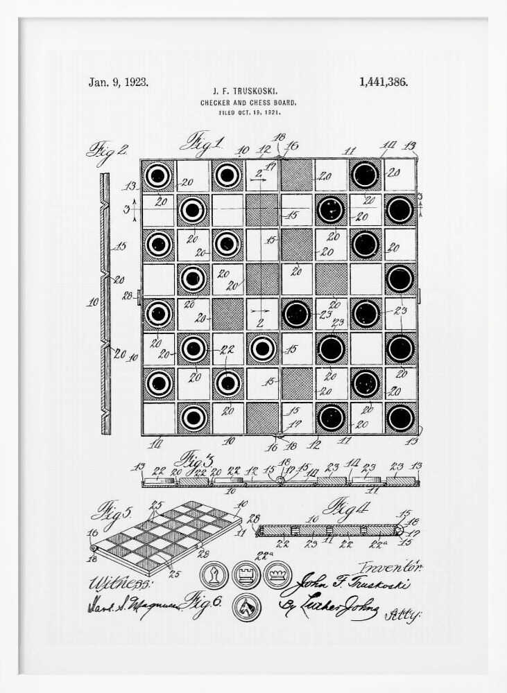 A framed black and white patent illustration for a Checker and Chess Board, dated January 9, 1923. The drawing by inventor J. F. Truskoski shows detailed diagrams of the game board and pieces, complete with reference numbers, figures, and signatures. Print