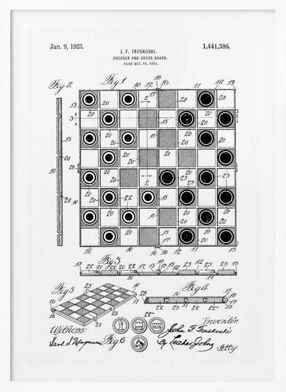 A framed black and white patent illustration for a Checker and Chess Board, dated January 9, 1923. The drawing by inventor J. F. Truskoski shows detailed diagrams of the game board and pieces, complete with reference numbers, figures, and signatures. Print