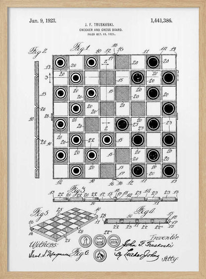 A framed black and white patent illustration for a Checker and Chess Board, dated January 9, 1923. The drawing by inventor J. F. Truskoski shows detailed diagrams of the game board and pieces, complete with reference numbers, figures, and signatures. Print