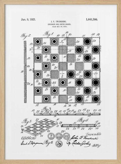 A framed black and white patent illustration for a Checker and Chess Board, dated January 9, 1923. The drawing by inventor J. F. Truskoski shows detailed diagrams of the game board and pieces, complete with reference numbers, figures, and signatures. Print