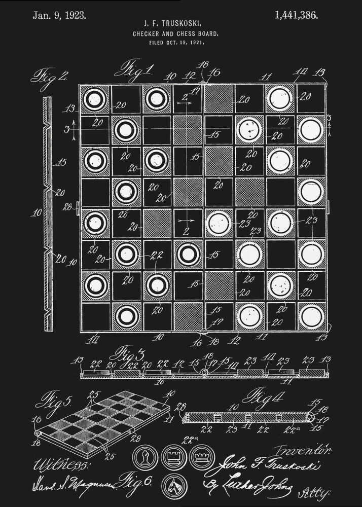 A framed vintage patent illustration for a checker and chess board, presented in a white-on-black blueprint style. The poster displays detailed technical drawings, including a top-down view of the game in progress, a perspective view of the board, and various figures with annotations, all dated Jan. 9, 1923. Wall Art
