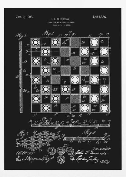 A framed vintage patent illustration for a checker and chess board, presented in a white-on-black blueprint style. The poster displays detailed technical drawings, including a top-down view of the game in progress, a perspective view of the board, and various figures with annotations, all dated Jan. 9, 1923. Wall Art