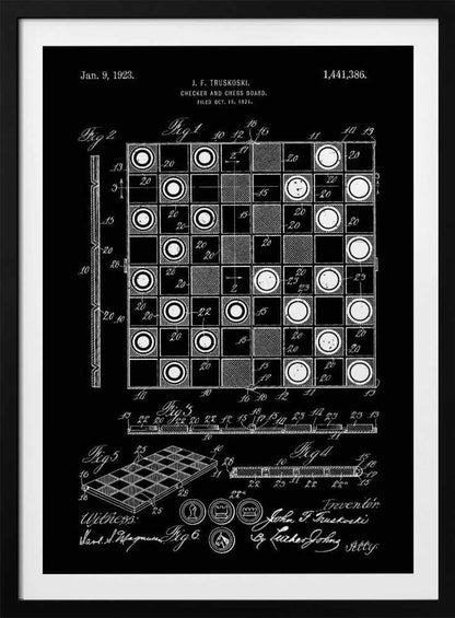 A framed vintage patent illustration for a checker and chess board, presented in a white-on-black blueprint style. The poster displays detailed technical drawings, including a top-down view of the game in progress, a perspective view of the board, and various figures with annotations, all dated Jan. 9, 1923. Wall Art