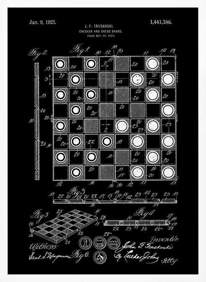 A framed vintage patent illustration for a checker and chess board, presented in a white-on-black blueprint style. The poster displays detailed technical drawings, including a top-down view of the game in progress, a perspective view of the board, and various figures with annotations, all dated Jan. 9, 1923. Wall Art