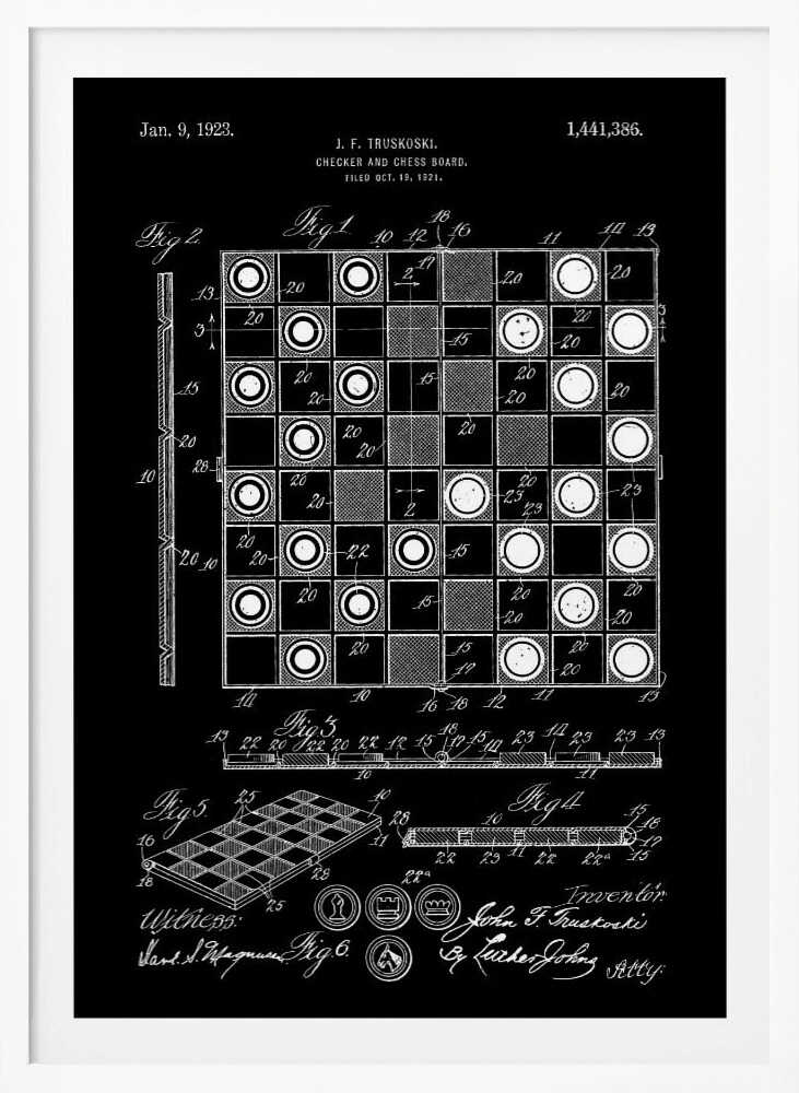 A framed vintage patent illustration for a checker and chess board, presented in a white-on-black blueprint style. The poster displays detailed technical drawings, including a top-down view of the game in progress, a perspective view of the board, and various figures with annotations, all dated Jan. 9, 1923. Wall Art