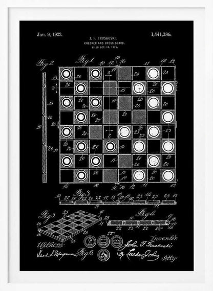 A framed vintage patent illustration for a checker and chess board, presented in a white-on-black blueprint style. The poster displays detailed technical drawings, including a top-down view of the game in progress, a perspective view of the board, and various figures with annotations, all dated Jan. 9, 1923. Wall Art