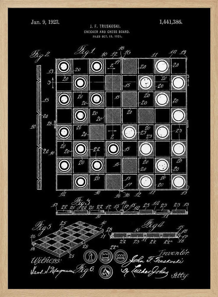 A framed vintage patent illustration for a checker and chess board, presented in a white-on-black blueprint style. The poster displays detailed technical drawings, including a top-down view of the game in progress, a perspective view of the board, and various figures with annotations, all dated Jan. 9, 1923. Wall Art