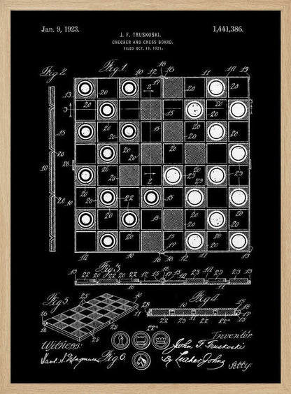 A framed vintage patent illustration for a checker and chess board, presented in a white-on-black blueprint style. The poster displays detailed technical drawings, including a top-down view of the game in progress, a perspective view of the board, and various figures with annotations, all dated Jan. 9, 1923. Wall Art