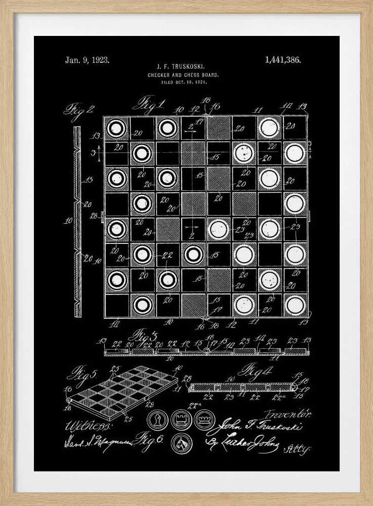 A framed vintage patent illustration for a checker and chess board, presented in a white-on-black blueprint style. The poster displays detailed technical drawings, including a top-down view of the game in progress, a perspective view of the board, and various figures with annotations, all dated Jan. 9, 1923. Wall Art