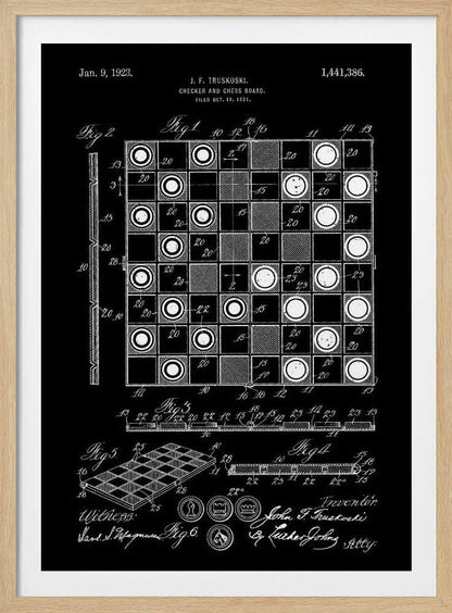 A framed vintage patent illustration for a checker and chess board, presented in a white-on-black blueprint style. The poster displays detailed technical drawings, including a top-down view of the game in progress, a perspective view of the board, and various figures with annotations, all dated Jan. 9, 1923. Wall Art