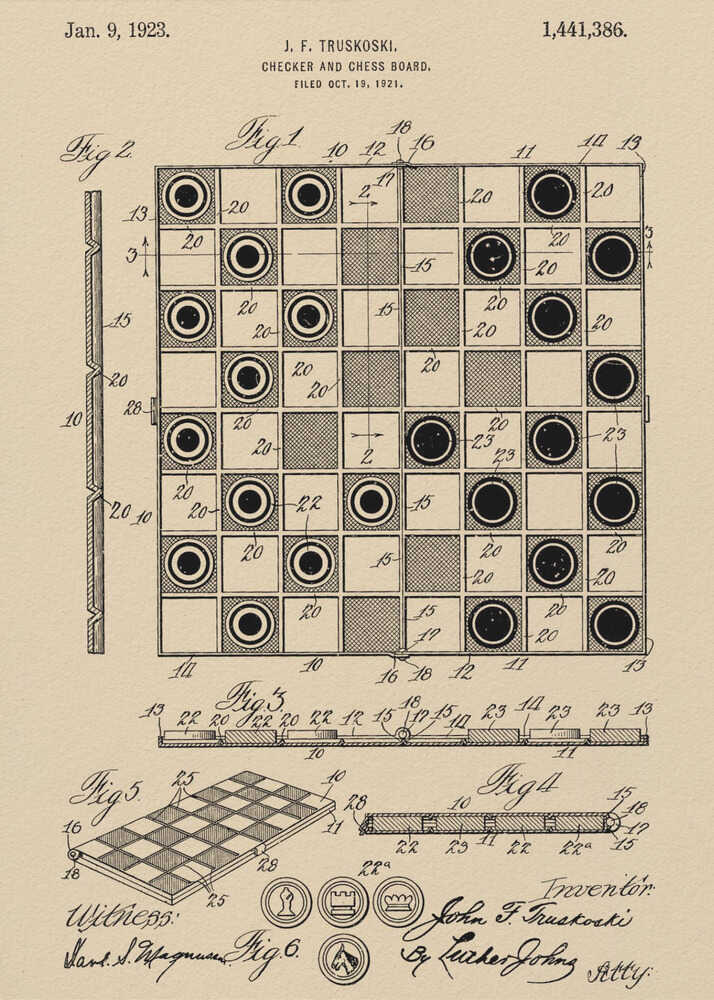 A framed vintage patent illustration for a Checker and Chess Board by J.F. Truskoski, dated 1923. The technical drawing is in black ink on aged beige paper and shows various diagrams of the game board and pieces, complete with labels and signatures. Artwork