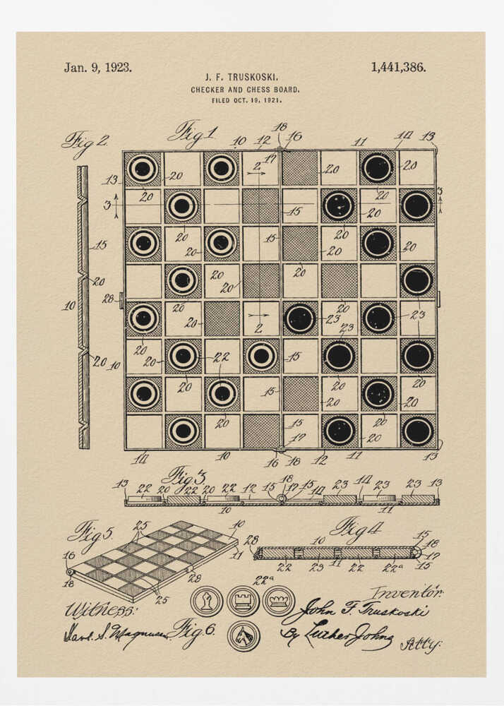 A framed vintage patent illustration for a Checker and Chess Board by J.F. Truskoski, dated 1923. The technical drawing is in black ink on aged beige paper and shows various diagrams of the game board and pieces, complete with labels and signatures. Artwork