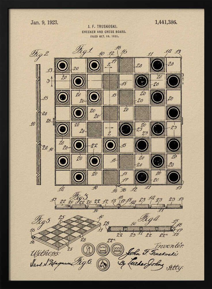 A framed vintage patent illustration for a Checker and Chess Board by J.F. Truskoski, dated 1923. The technical drawing is in black ink on aged beige paper and shows various diagrams of the game board and pieces, complete with labels and signatures. Artwork