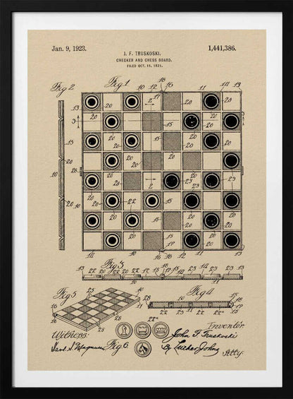 A framed vintage patent illustration for a Checker and Chess Board by J.F. Truskoski, dated 1923. The technical drawing is in black ink on aged beige paper and shows various diagrams of the game board and pieces, complete with labels and signatures. Artwork