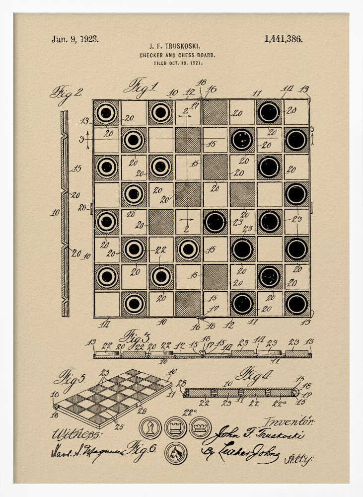 A framed vintage patent illustration for a Checker and Chess Board by J.F. Truskoski, dated 1923. The technical drawing is in black ink on aged beige paper and shows various diagrams of the game board and pieces, complete with labels and signatures. Artwork