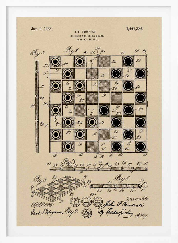 A framed vintage patent illustration for a Checker and Chess Board by J.F. Truskoski, dated 1923. The technical drawing is in black ink on aged beige paper and shows various diagrams of the game board and pieces, complete with labels and signatures. Artwork