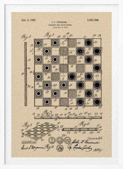 A framed vintage patent illustration for a Checker and Chess Board by J.F. Truskoski, dated 1923. The technical drawing is in black ink on aged beige paper and shows various diagrams of the game board and pieces, complete with labels and signatures. Artwork