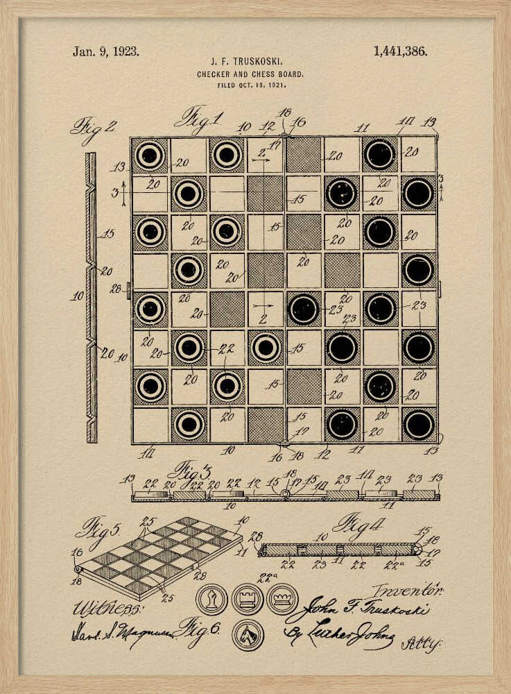 A framed vintage patent illustration for a Checker and Chess Board by J.F. Truskoski, dated 1923. The technical drawing is in black ink on aged beige paper and shows various diagrams of the game board and pieces, complete with labels and signatures. Artwork