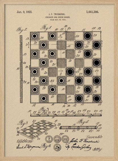 A framed vintage patent illustration for a Checker and Chess Board by J.F. Truskoski, dated 1923. The technical drawing is in black ink on aged beige paper and shows various diagrams of the game board and pieces, complete with labels and signatures. Artwork