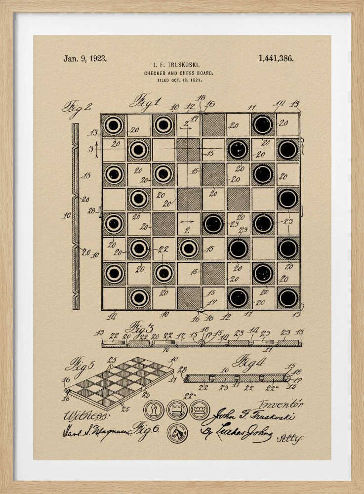 A framed vintage patent illustration for a Checker and Chess Board by J.F. Truskoski, dated 1923. The technical drawing is in black ink on aged beige paper and shows various diagrams of the game board and pieces, complete with labels and signatures. Artwork