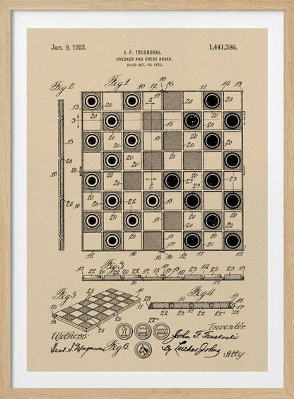 A framed vintage patent illustration for a Checker and Chess Board by J.F. Truskoski, dated 1923. The technical drawing is in black ink on aged beige paper and shows various diagrams of the game board and pieces, complete with labels and signatures. Artwork