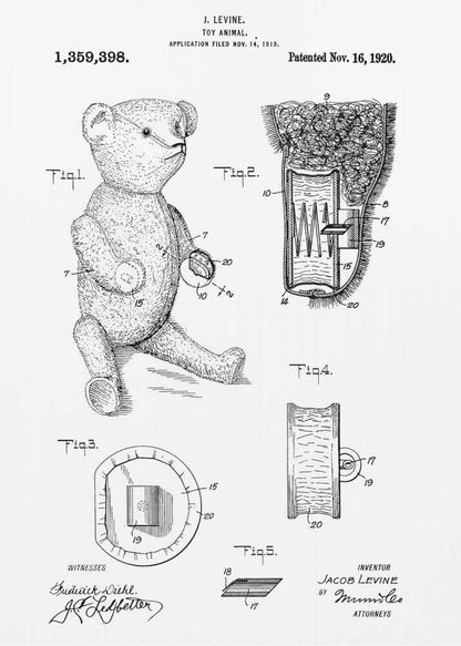 A framed black and white print of a US patent for a 'Toy Animal' by J. Levine, dated November 16, 1920. The illustration features multiple figures, including a full drawing of a teddy bear and detailed cross-sections of its internal mechanisms. Artwork