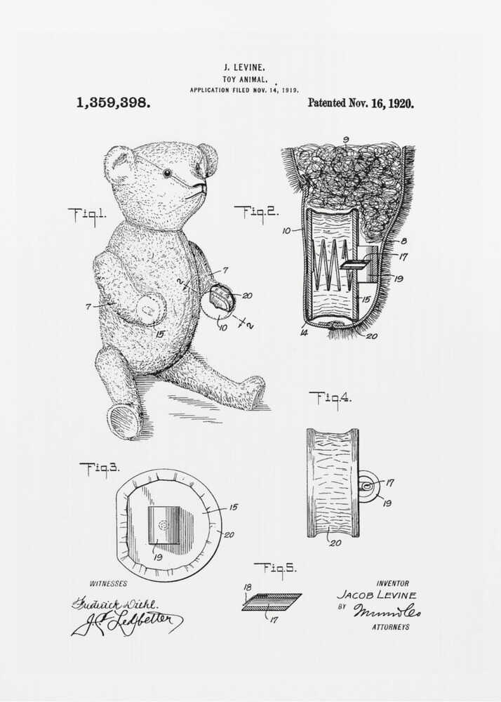 A framed black and white print of a US patent for a 'Toy Animal' by J. Levine, dated November 16, 1920. The illustration features multiple figures, including a full drawing of a teddy bear and detailed cross-sections of its internal mechanisms. Artwork