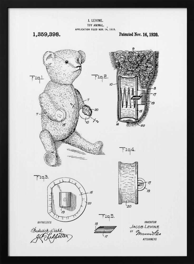 A framed black and white print of a US patent for a 'Toy Animal' by J. Levine, dated November 16, 1920. The illustration features multiple figures, including a full drawing of a teddy bear and detailed cross-sections of its internal mechanisms. Artwork
