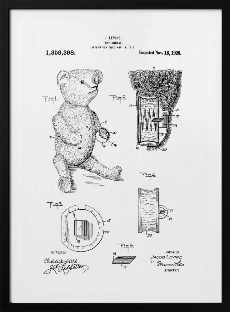 A framed black and white print of a US patent for a 'Toy Animal' by J. Levine, dated November 16, 1920. The illustration features multiple figures, including a full drawing of a teddy bear and detailed cross-sections of its internal mechanisms. Artwork