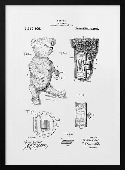 A framed black and white print of a US patent for a 'Toy Animal' by J. Levine, dated November 16, 1920. The illustration features multiple figures, including a full drawing of a teddy bear and detailed cross-sections of its internal mechanisms. Artwork