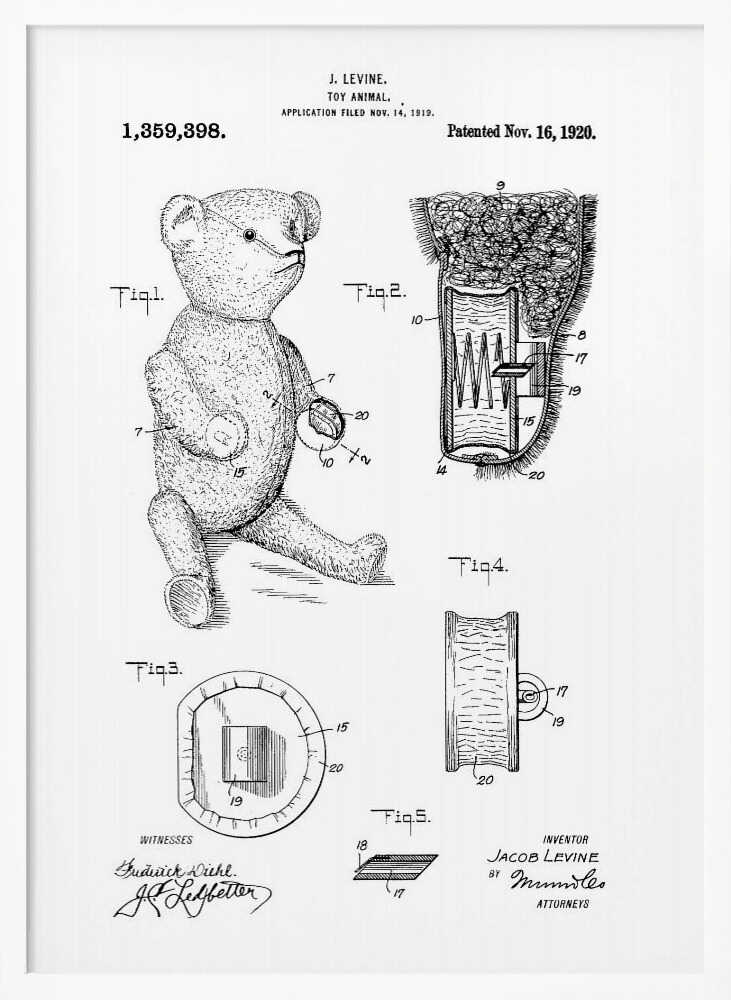 A framed black and white print of a US patent for a 'Toy Animal' by J. Levine, dated November 16, 1920. The illustration features multiple figures, including a full drawing of a teddy bear and detailed cross-sections of its internal mechanisms. Artwork