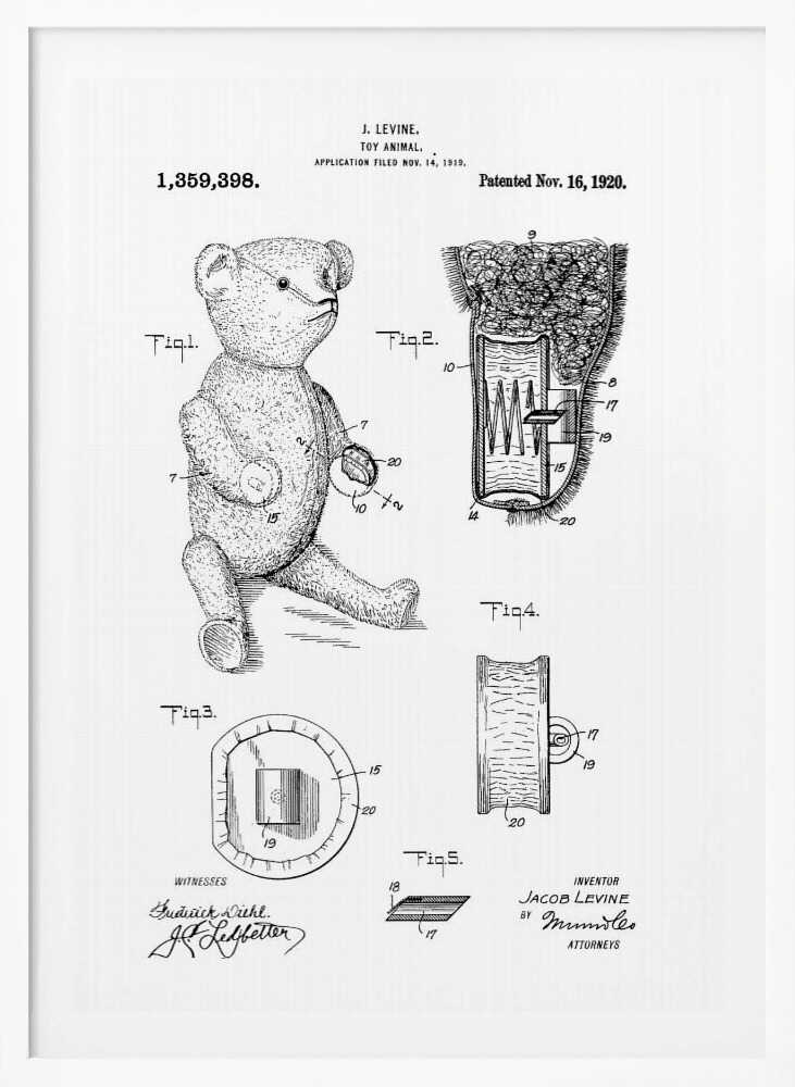 A framed black and white print of a US patent for a 'Toy Animal' by J. Levine, dated November 16, 1920. The illustration features multiple figures, including a full drawing of a teddy bear and detailed cross-sections of its internal mechanisms. Artwork