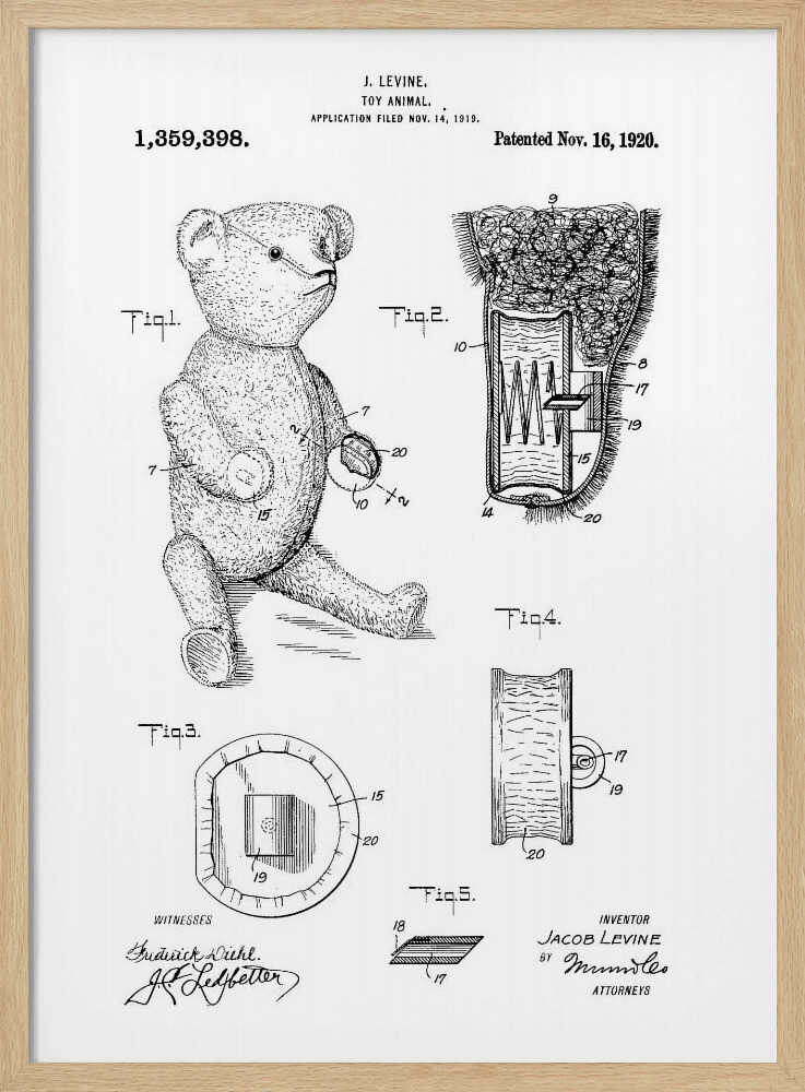 A framed black and white print of a US patent for a 'Toy Animal' by J. Levine, dated November 16, 1920. The illustration features multiple figures, including a full drawing of a teddy bear and detailed cross-sections of its internal mechanisms. Artwork