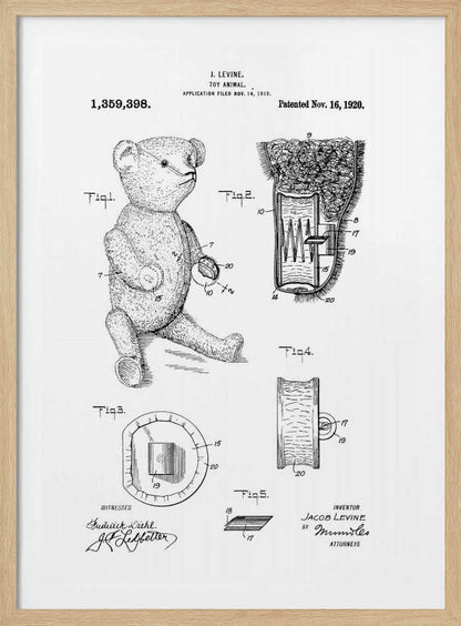 A framed black and white print of a US patent for a 'Toy Animal' by J. Levine, dated November 16, 1920. The illustration features multiple figures, including a full drawing of a teddy bear and detailed cross-sections of its internal mechanisms. Artwork