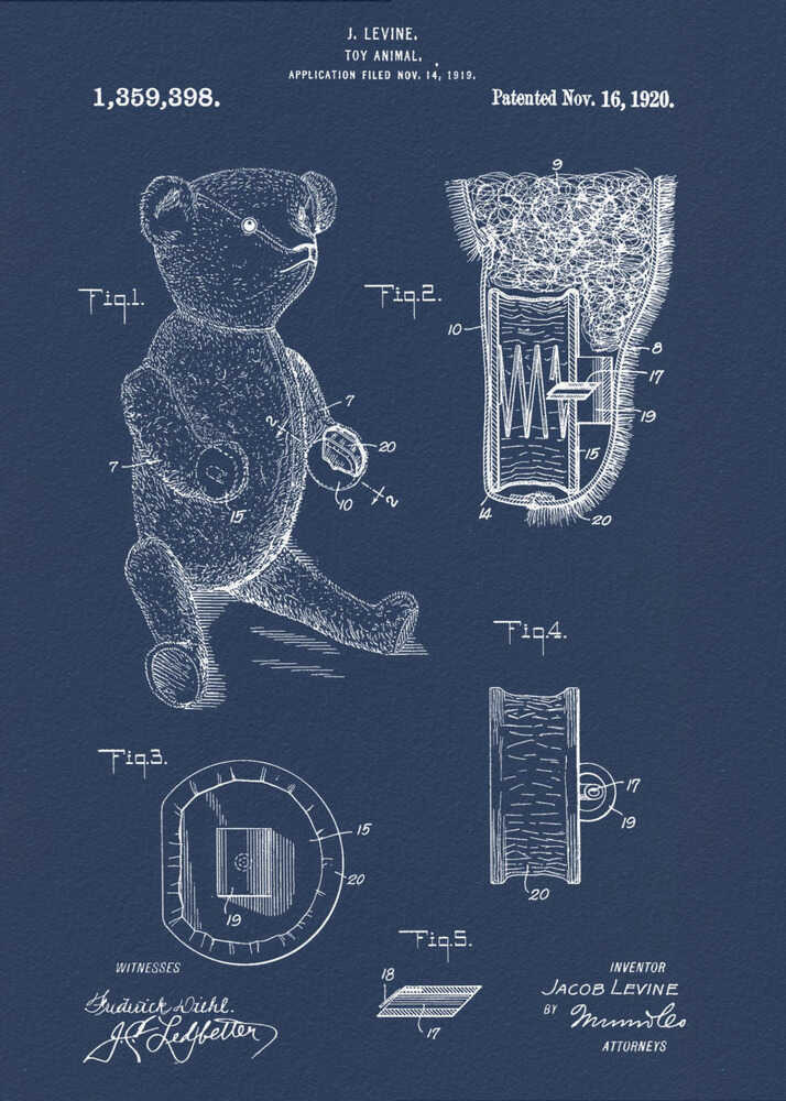 A framed vintage patent blueprint for a toy animal, specifically a teddy bear. The poster is dark blue with white line drawings and text, showing various figures and cross-sections of the bear and its internal mechanisms. Text at the top reads 'J. Levine, Toy Animal, Patented Nov. 16, 1920'. Wall Art