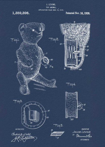 A framed vintage patent blueprint for a toy animal, specifically a teddy bear. The poster is dark blue with white line drawings and text, showing various figures and cross-sections of the bear and its internal mechanisms. Text at the top reads 'J. Levine, Toy Animal, Patented Nov. 16, 1920'. Wall Art