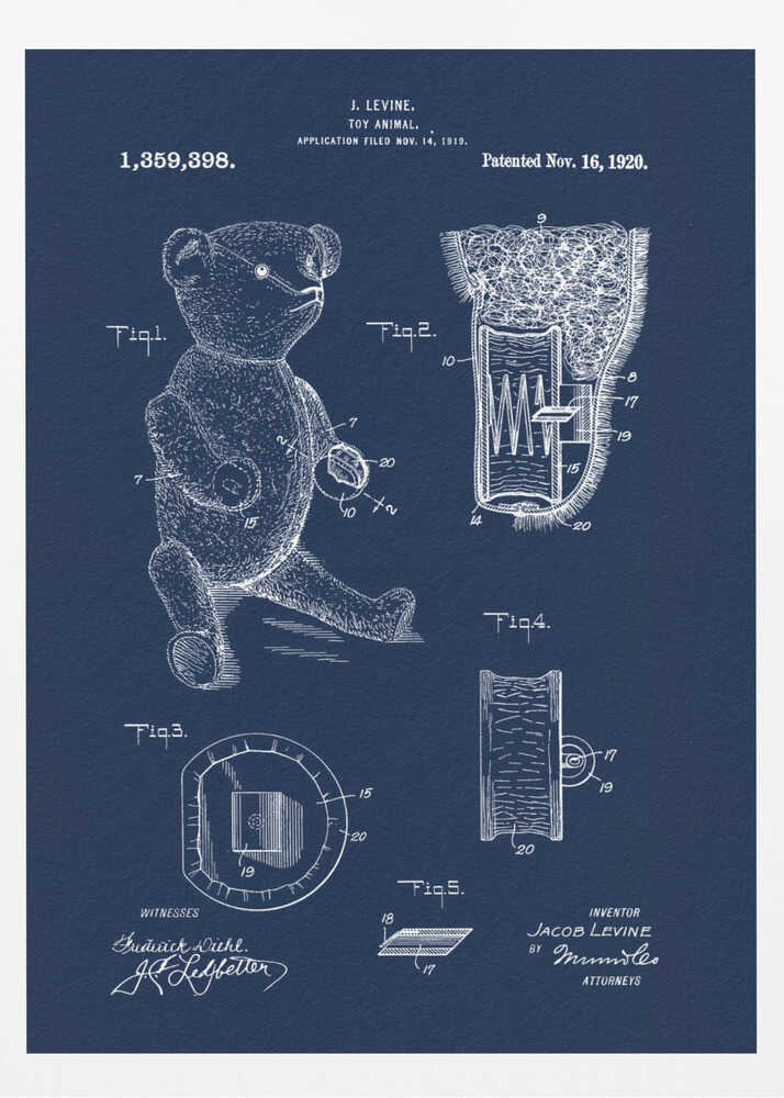 A framed vintage patent blueprint for a toy animal, specifically a teddy bear. The poster is dark blue with white line drawings and text, showing various figures and cross-sections of the bear and its internal mechanisms. Text at the top reads 'J. Levine, Toy Animal, Patented Nov. 16, 1920'. Wall Art
