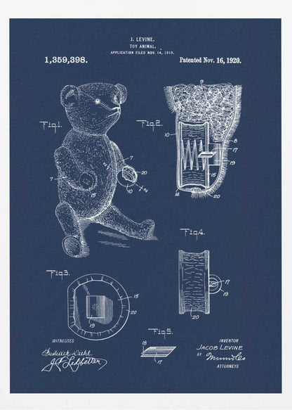 A framed vintage patent blueprint for a toy animal, specifically a teddy bear. The poster is dark blue with white line drawings and text, showing various figures and cross-sections of the bear and its internal mechanisms. Text at the top reads 'J. Levine, Toy Animal, Patented Nov. 16, 1920'. Wall Art