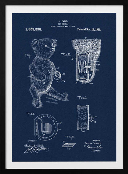 A framed vintage patent blueprint for a toy animal, specifically a teddy bear. The poster is dark blue with white line drawings and text, showing various figures and cross-sections of the bear and its internal mechanisms. Text at the top reads 'J. Levine, Toy Animal, Patented Nov. 16, 1920'. Wall Art